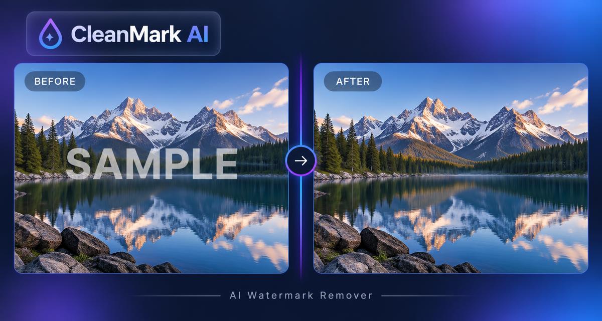 CleanMark AI — before and after comparison of a mountain lake photo with a SAMPLE watermark removed by AI | مقارنة قبل وبعد لإزالة علامة مائية من صورة
